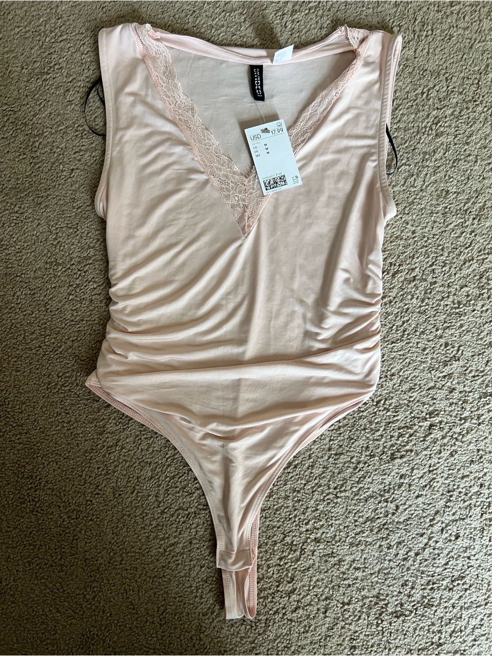 Pink Lace Trim V-Neck Sleeveless Bodysuit